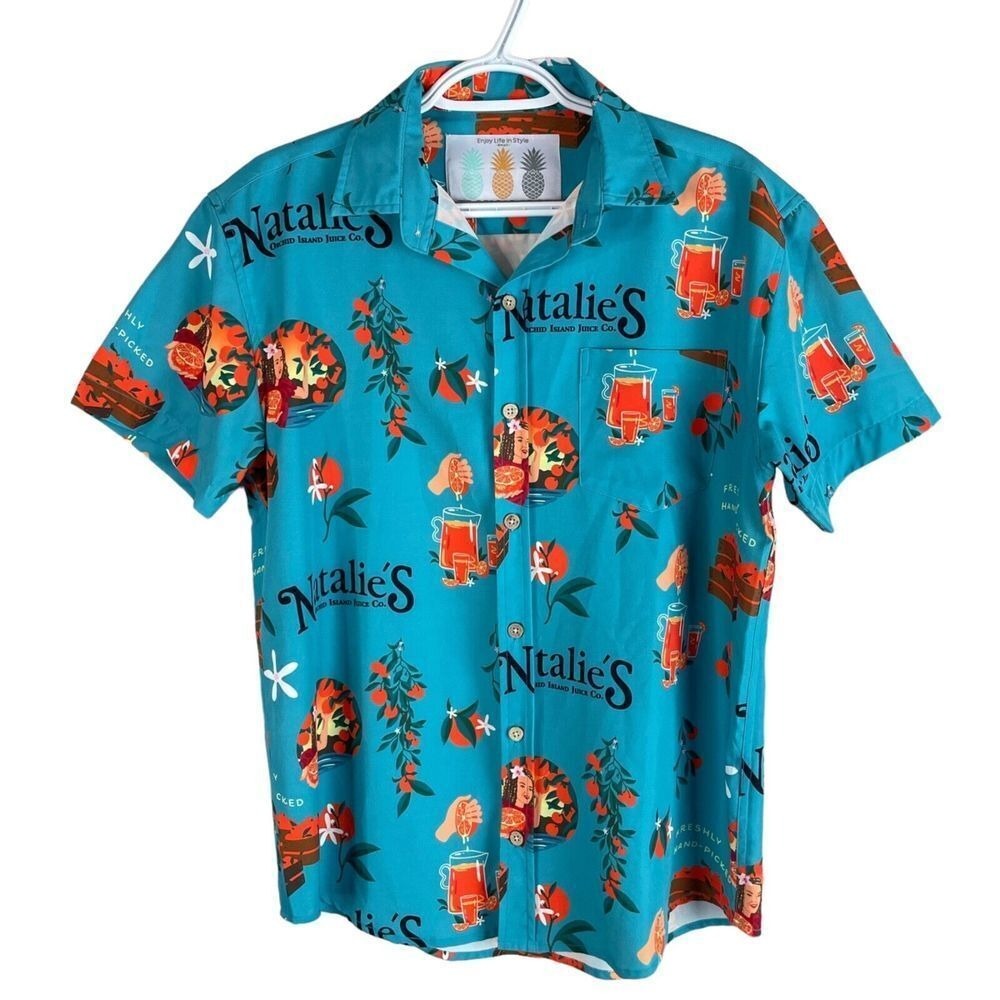 Tropical Bros Button Down Shirt Mens S Teal Natalies Juice Co Hawaiian Shirt